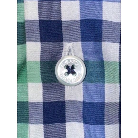 Bugatchi Navy/Green Plaid Button Down Shirt Classic Checkered Long Sleeve - Picture 4 of 6
